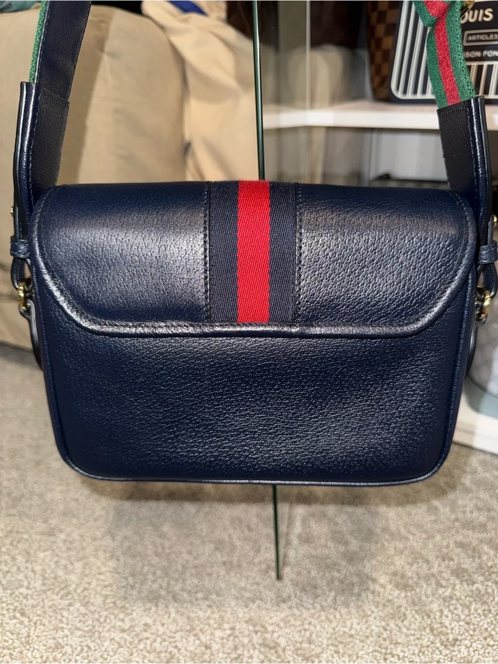 Gucci Navy Leather Crossbody with Red Stripe and Green Strap